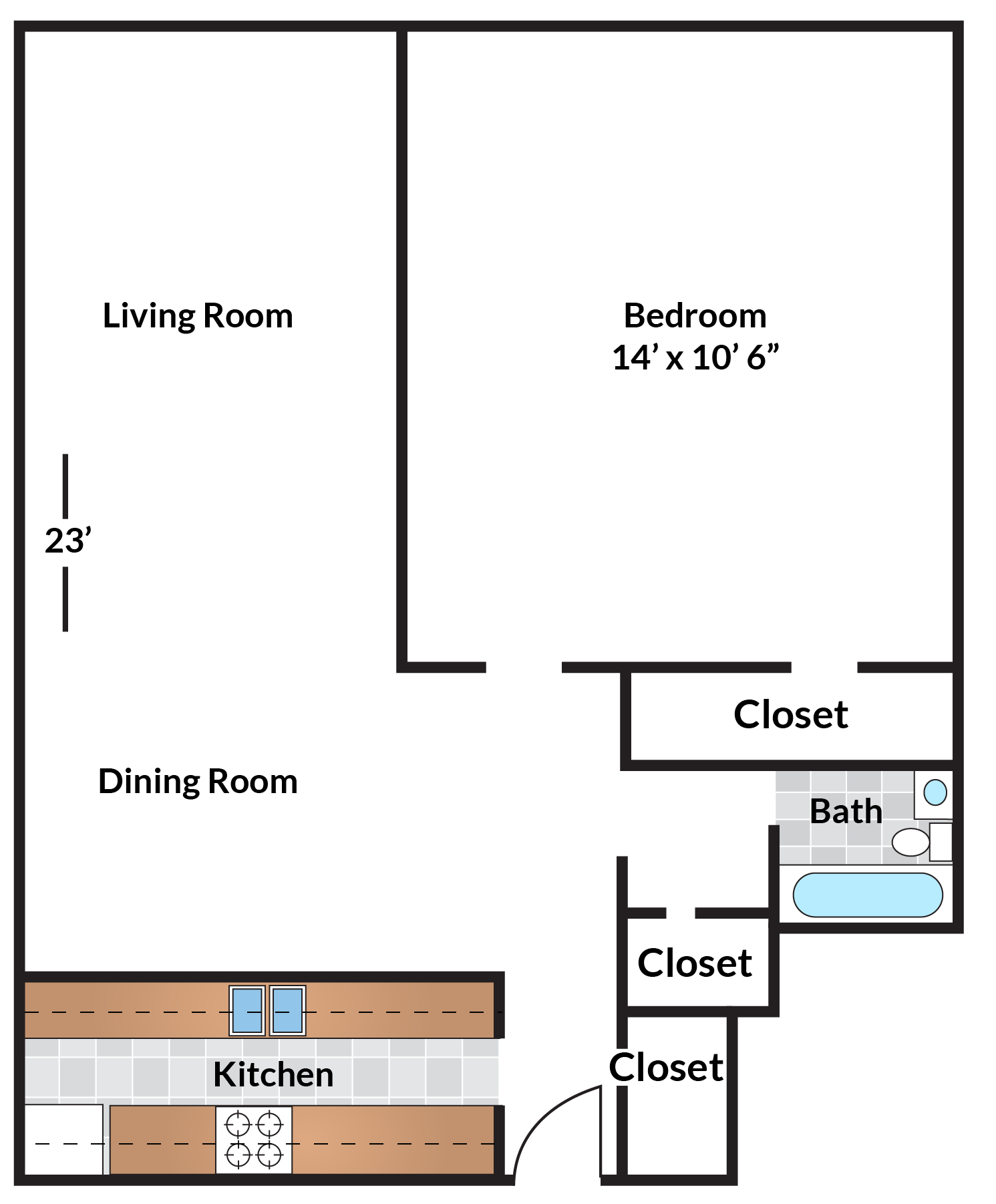 Floor plan for 1 bed, 1 bath, 685 sqft